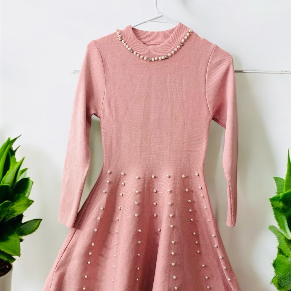 Pink Fit and Flare Long Sleeve Dress for Wedding Guests